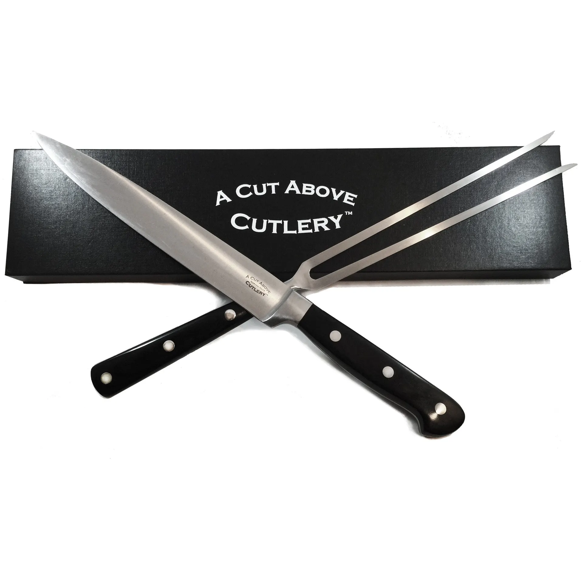 A Cut Above Cutlery Carving Knife Set, Extended Fork Holds the Largest Turkey, Roast or Ham Securely, 8 Inch Stainless Steel Blade Slices Cleanly, Won't Shred- Carve Your Dinner Like A Pro Chef