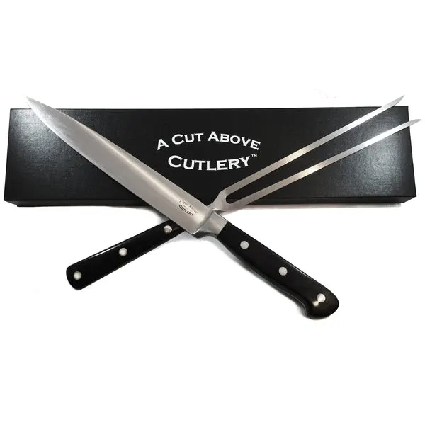 A Cut Above Cutlery Carving Knife Set, Extended Fork Holds the Largest Turkey, Roast or Ham Securely, 8 Inch Stainless Steel Blade Slices Cleanly, Won't Shred- Carve Your Dinner Like A Pro Chef