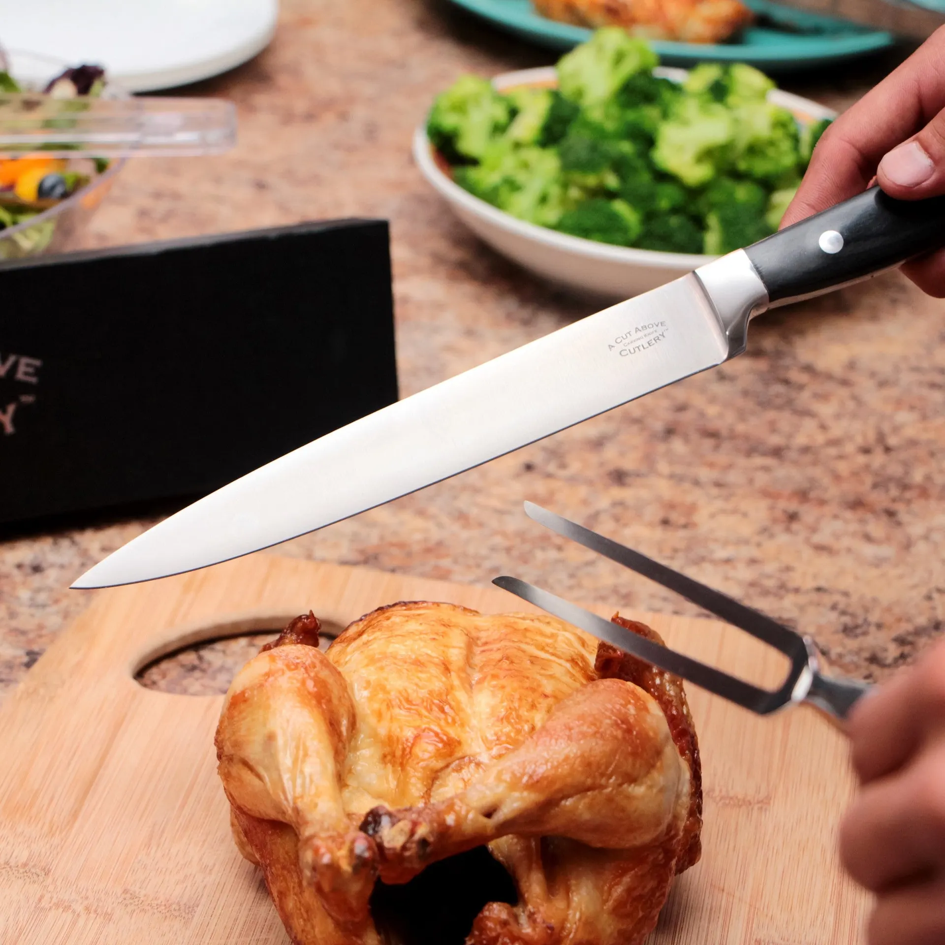A Cut Above Cutlery Carving Knife Set, Extended Fork Holds the Largest Turkey, Roast or Ham Securely, 8 Inch Stainless Steel Blade Slices Cleanly, Won't Shred- Carve Your Dinner Like A Pro Chef