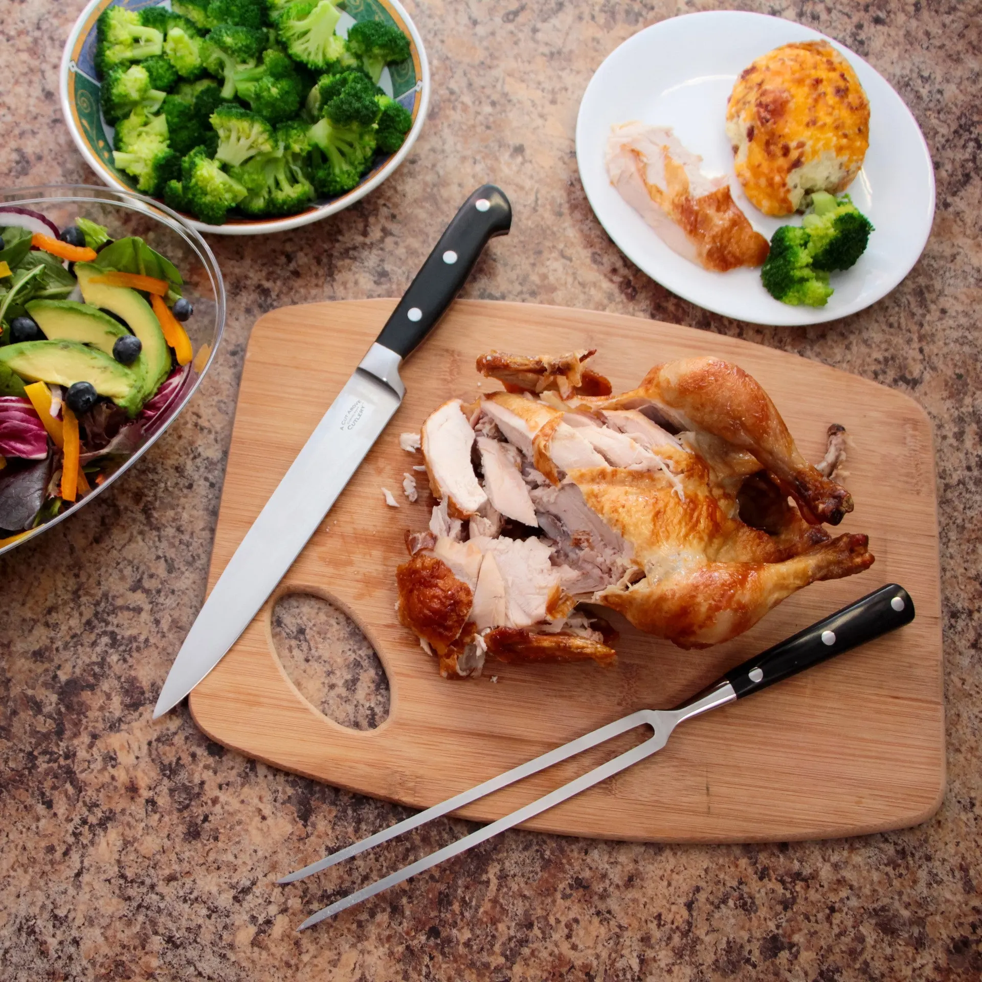 A Cut Above Cutlery Carving Knife Set, Extended Fork Holds the Largest Turkey, Roast or Ham Securely, 8 Inch Stainless Steel Blade Slices Cleanly, Won't Shred- Carve Your Dinner Like A Pro Chef