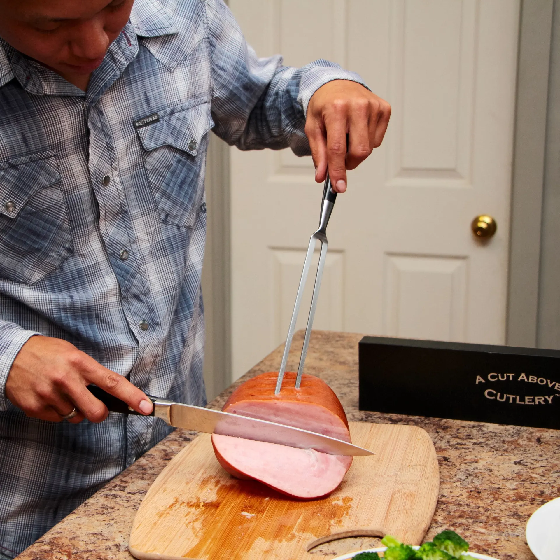A Cut Above Cutlery Carving Knife Set, Extended Fork Holds the Largest Turkey, Roast or Ham Securely, 8 Inch Stainless Steel Blade Slices Cleanly, Won't Shred- Carve Your Dinner Like A Pro Chef
