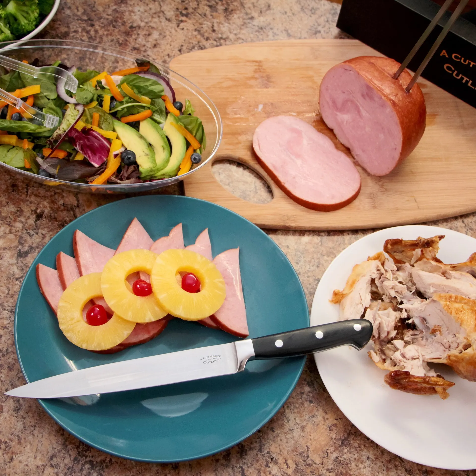 A Cut Above Cutlery Carving Knife Set, Extended Fork Holds the Largest Turkey, Roast or Ham Securely, 8 Inch Stainless Steel Blade Slices Cleanly, Won't Shred- Carve Your Dinner Like A Pro Chef