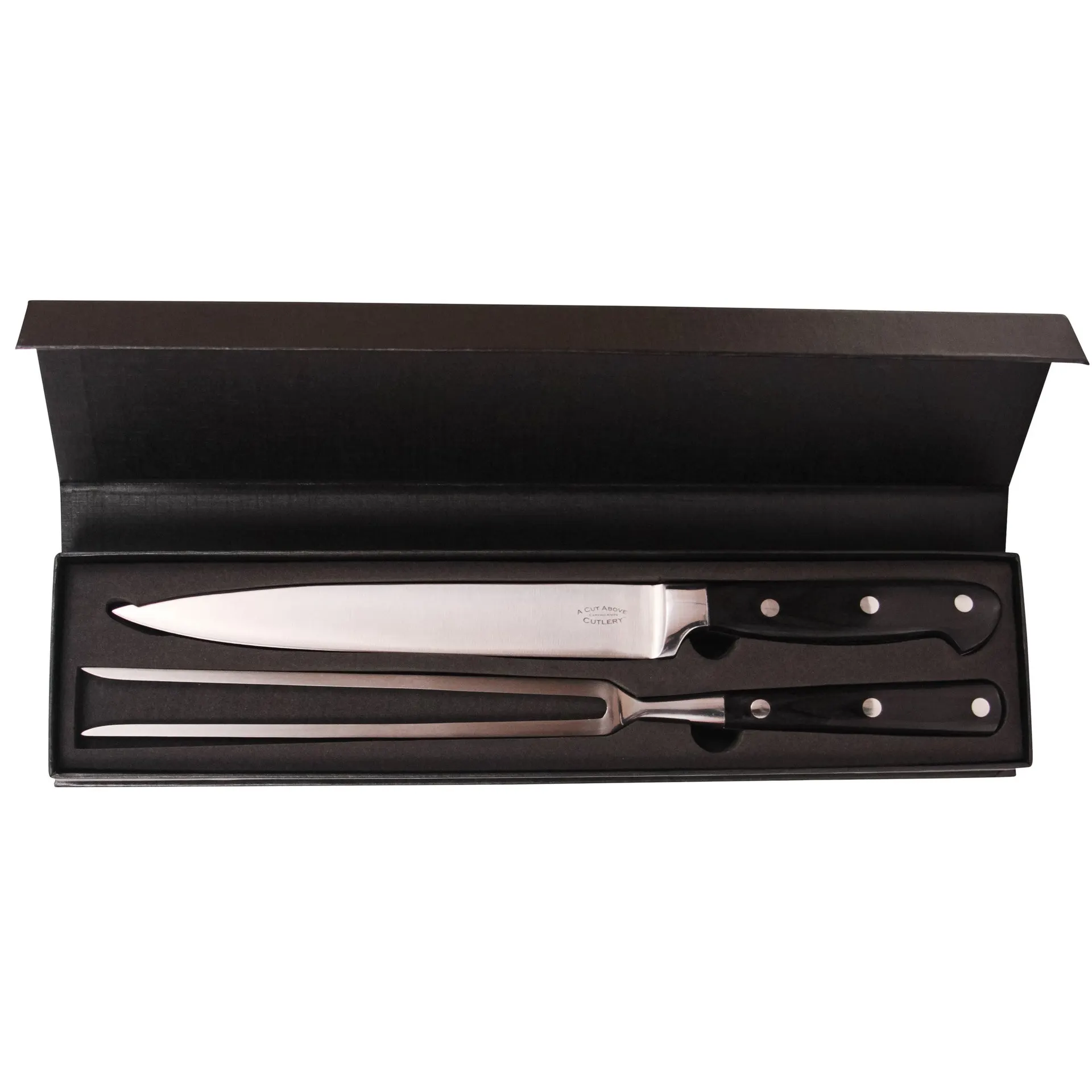 A Cut Above Cutlery Carving Knife Set, Extended Fork Holds the Largest Turkey, Roast or Ham Securely, 8 Inch Stainless Steel Blade Slices Cleanly, Won't Shred- Carve Your Dinner Like A Pro Chef