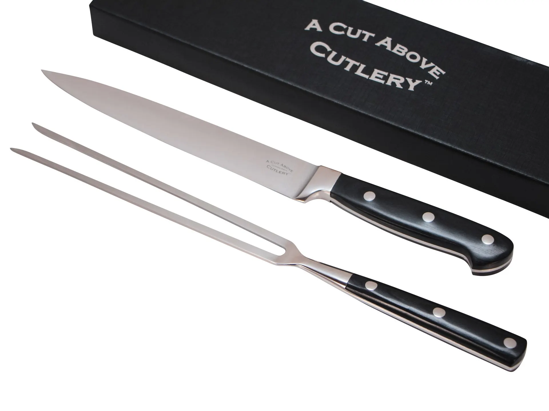 A Cut Above Cutlery Carving Knife Set, Extended Fork Holds the Largest Turkey, Roast or Ham Securely, 8 Inch Stainless Steel Blade Slices Cleanly, Won't Shred- Carve Your Dinner Like A Pro Chef