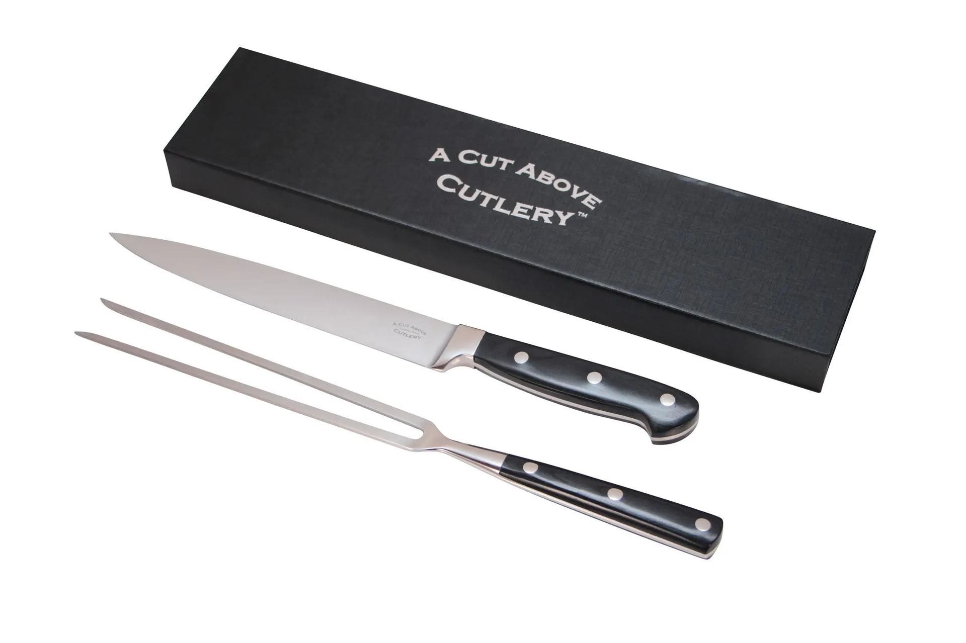 A Cut Above Cutlery Carving Knife Set, Extended Fork Holds the Largest Turkey, Roast or Ham Securely, 8 Inch Stainless Steel Blade Slices Cleanly, Won't Shred- Carve Your Dinner Like A Pro Chef