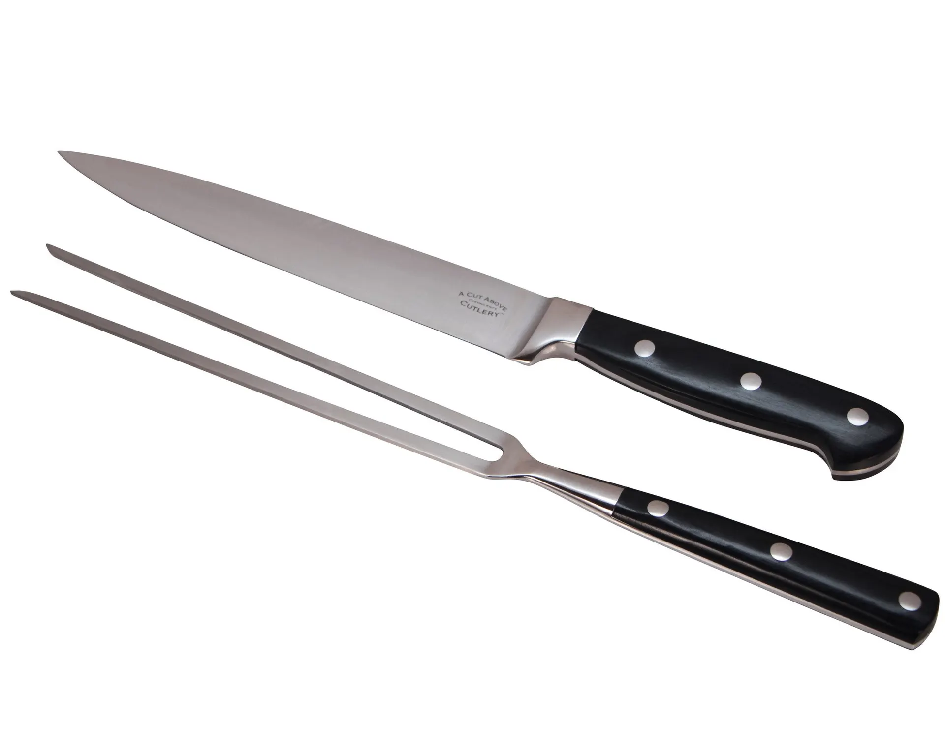 A Cut Above Cutlery Carving Knife Set, Extended Fork Holds the Largest Turkey, Roast or Ham Securely, 8 Inch Stainless Steel Blade Slices Cleanly, Won't Shred- Carve Your Dinner Like A Pro Chef