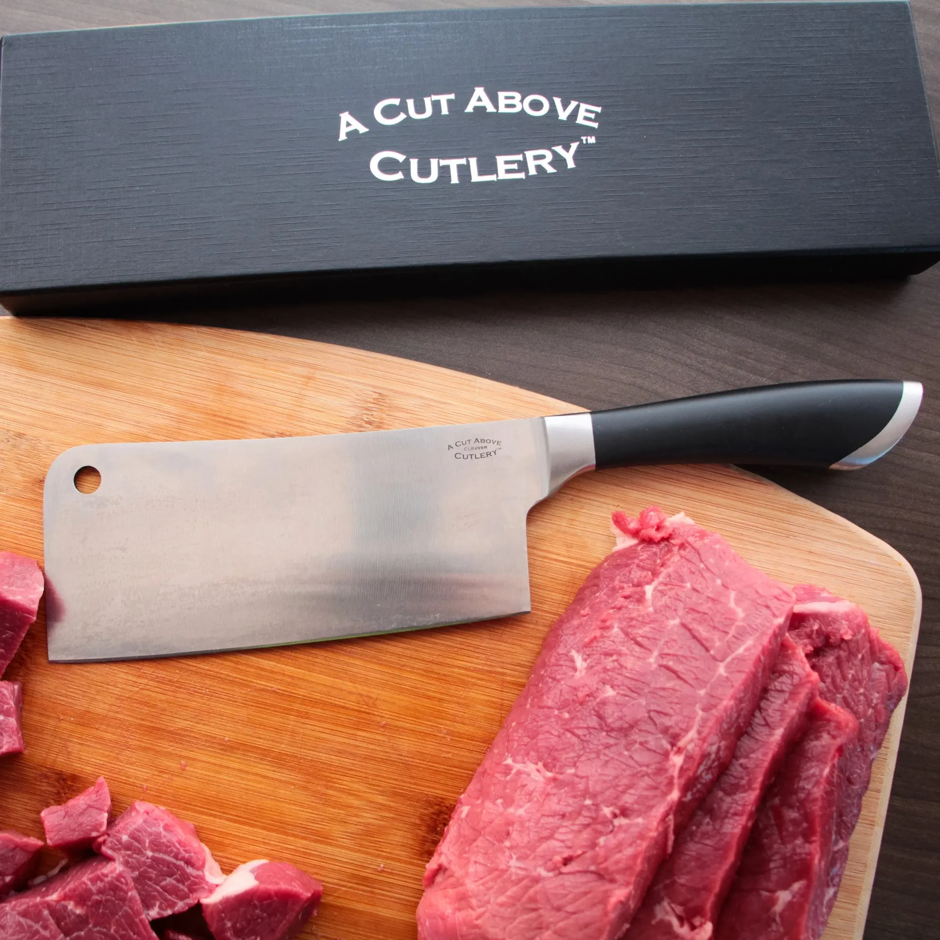 A Cut Above Cutlery Cleaver For Meat And Vegetables Chop, Butcher At Home Like A Professional, Safe and Comfortable Handle Can Not Come Loose, 7 Inch Stainless Steel Blade Keeps Food Tasting Fresh