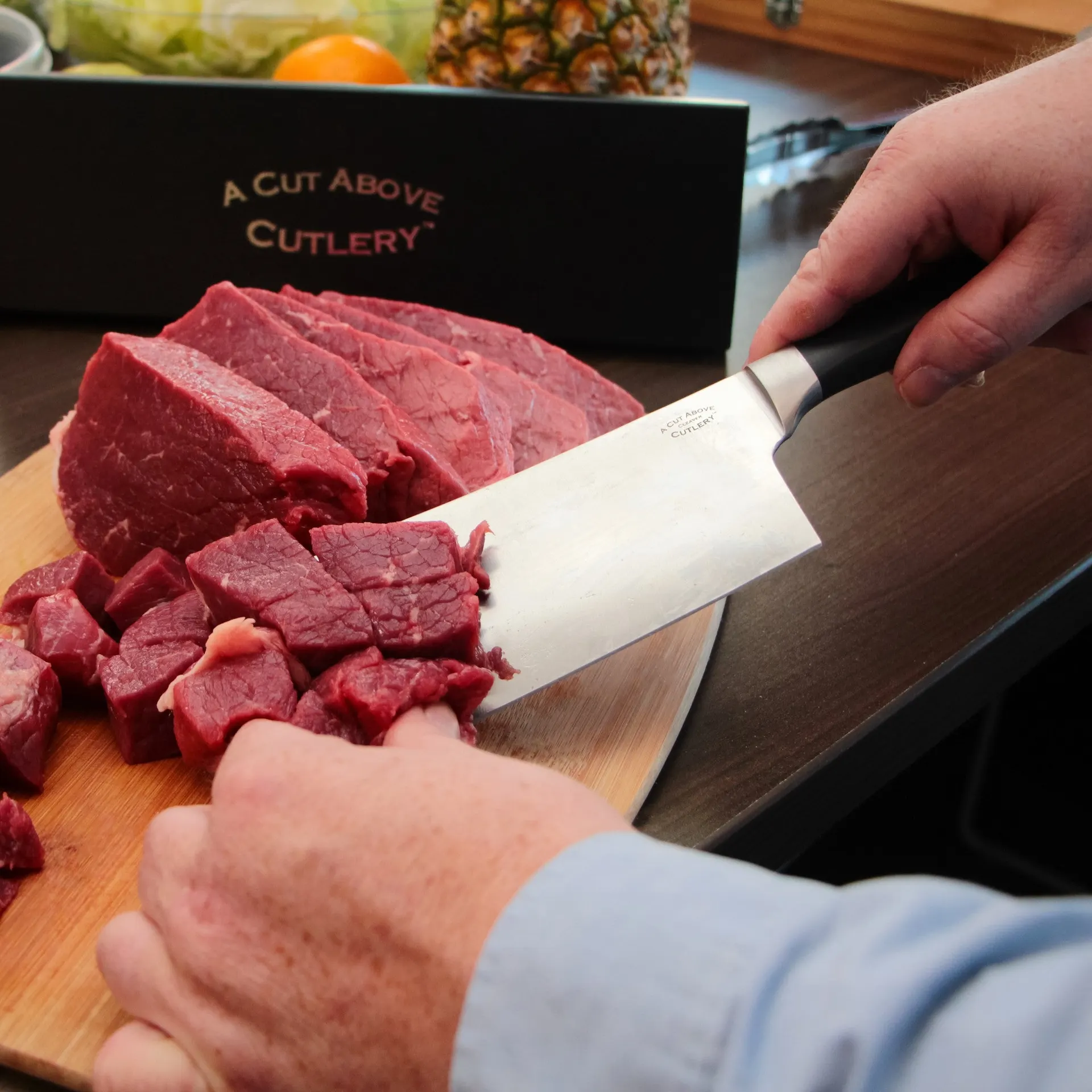 A Cut Above Cutlery Cleaver For Meat And Vegetables Chop, Butcher At Home Like A Professional, Safe and Comfortable Handle Can Not Come Loose, 7 Inch Stainless Steel Blade Keeps Food Tasting Fresh