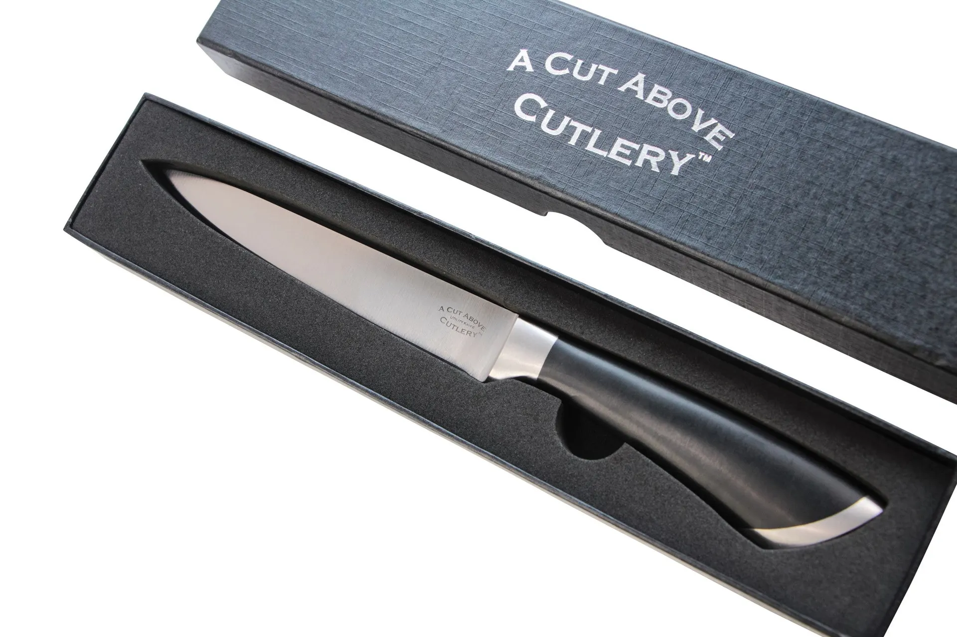 A Cut Above Cutlery Utility Knife. Forged Stainless Steel Construction, Slip Resistant Grip, 5 Inch Blade Holds Edge Well So You Sharpen Less Often. Peel, Core, Pare, Fruit and Vegetables, Prep Sushi