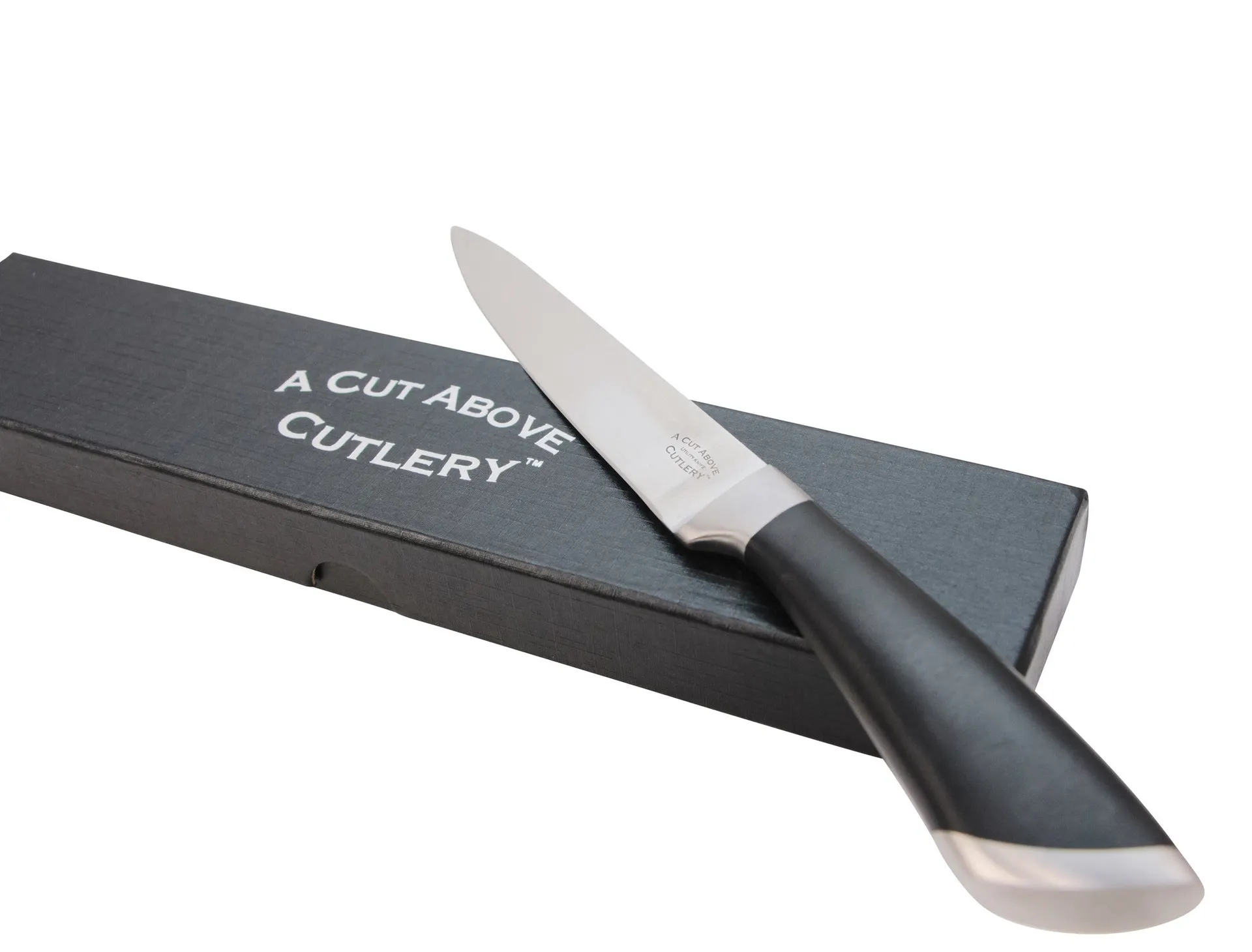 A Cut Above Cutlery Utility Knife. Forged Stainless Steel Construction, Slip Resistant Grip, 5 Inch Blade Holds Edge Well So You Sharpen Less Often. Peel, Core, Pare, Fruit and Vegetables, Prep Sushi