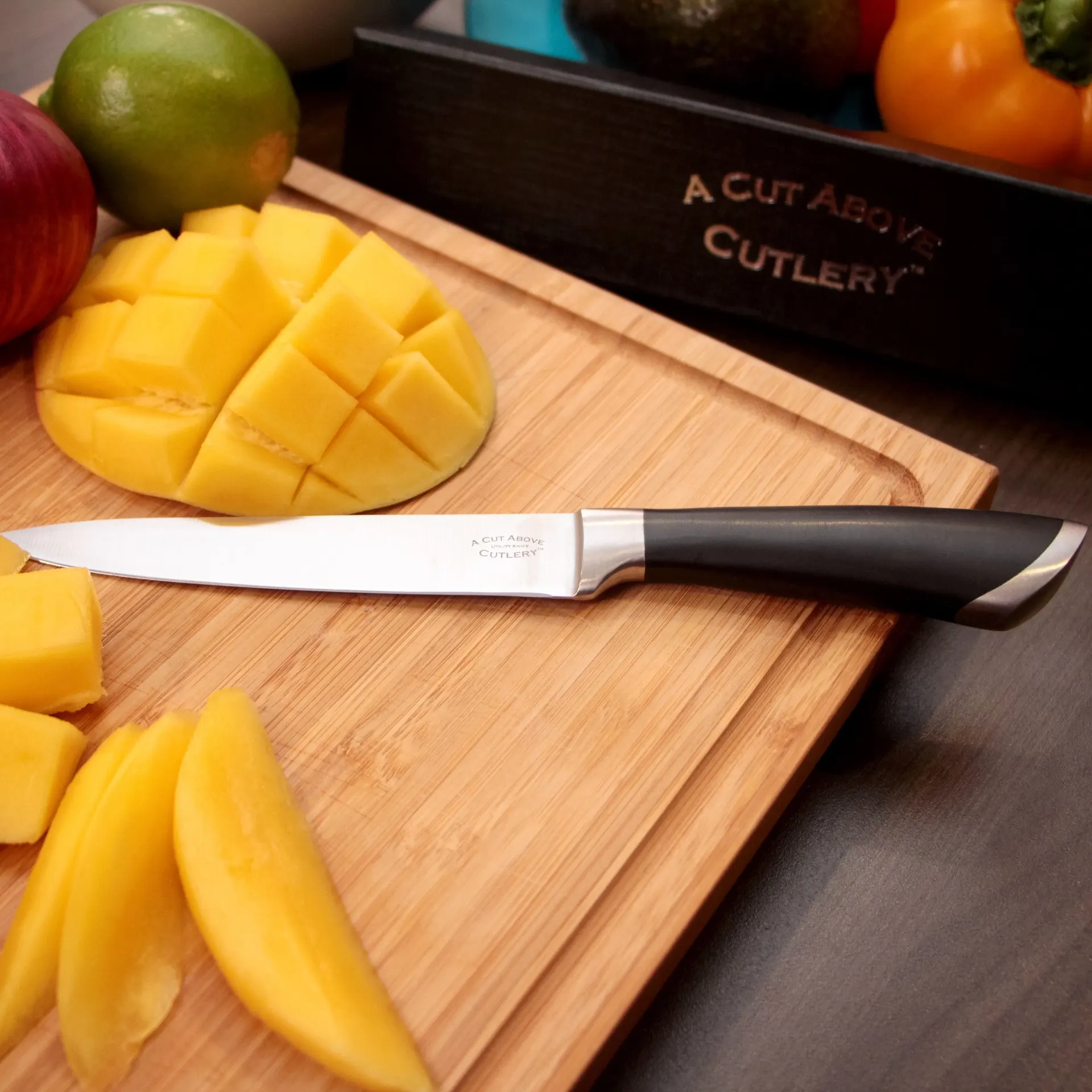 A Cut Above Cutlery Utility Knife. Forged Stainless Steel Construction, Slip Resistant Grip, 5 Inch Blade Holds Edge Well So You Sharpen Less Often. Peel, Core, Pare, Fruit and Vegetables, Prep Sushi