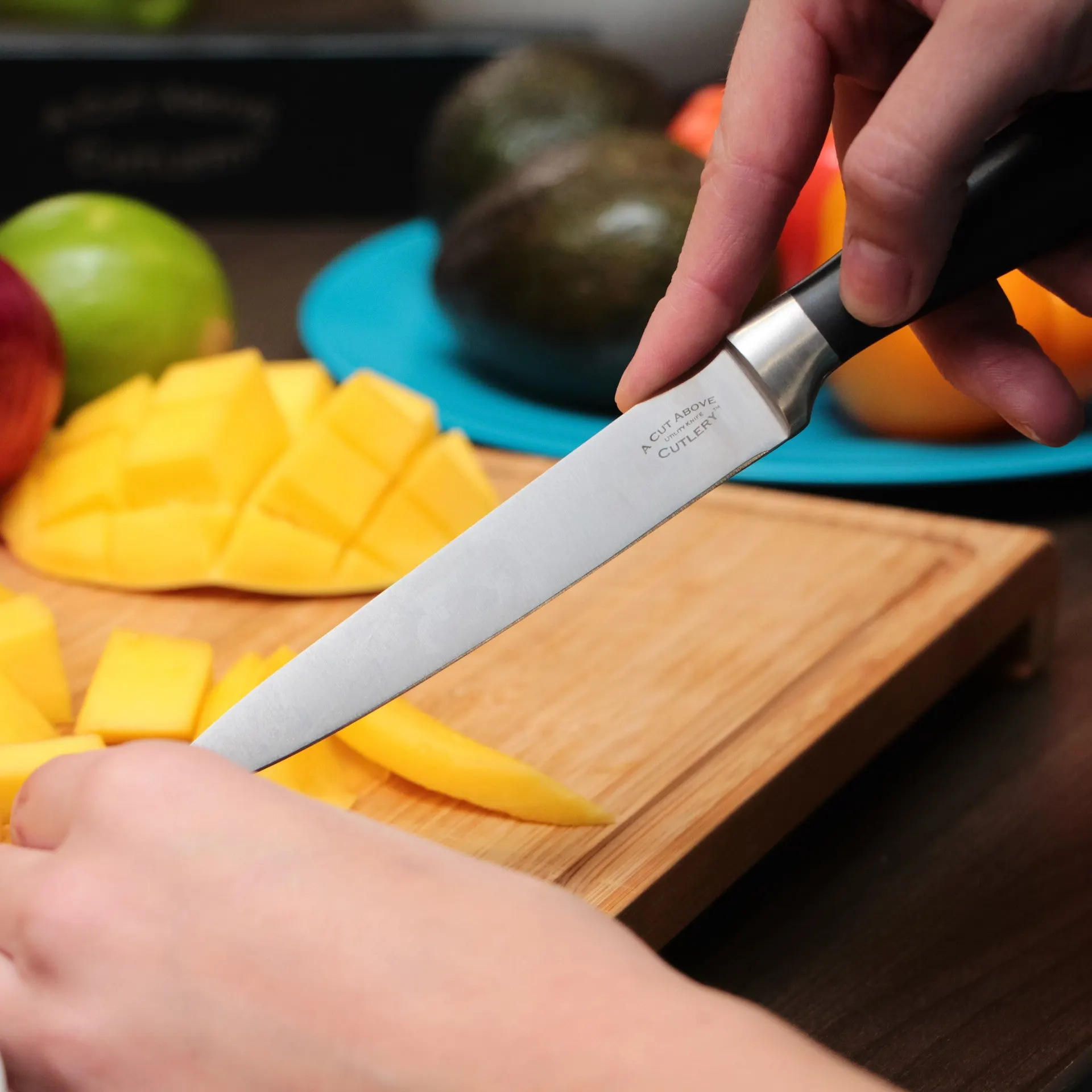 A Cut Above Cutlery Utility Knife. Forged Stainless Steel Construction, Slip Resistant Grip, 5 Inch Blade Holds Edge Well So You Sharpen Less Often. Peel, Core, Pare, Fruit and Vegetables, Prep Sushi