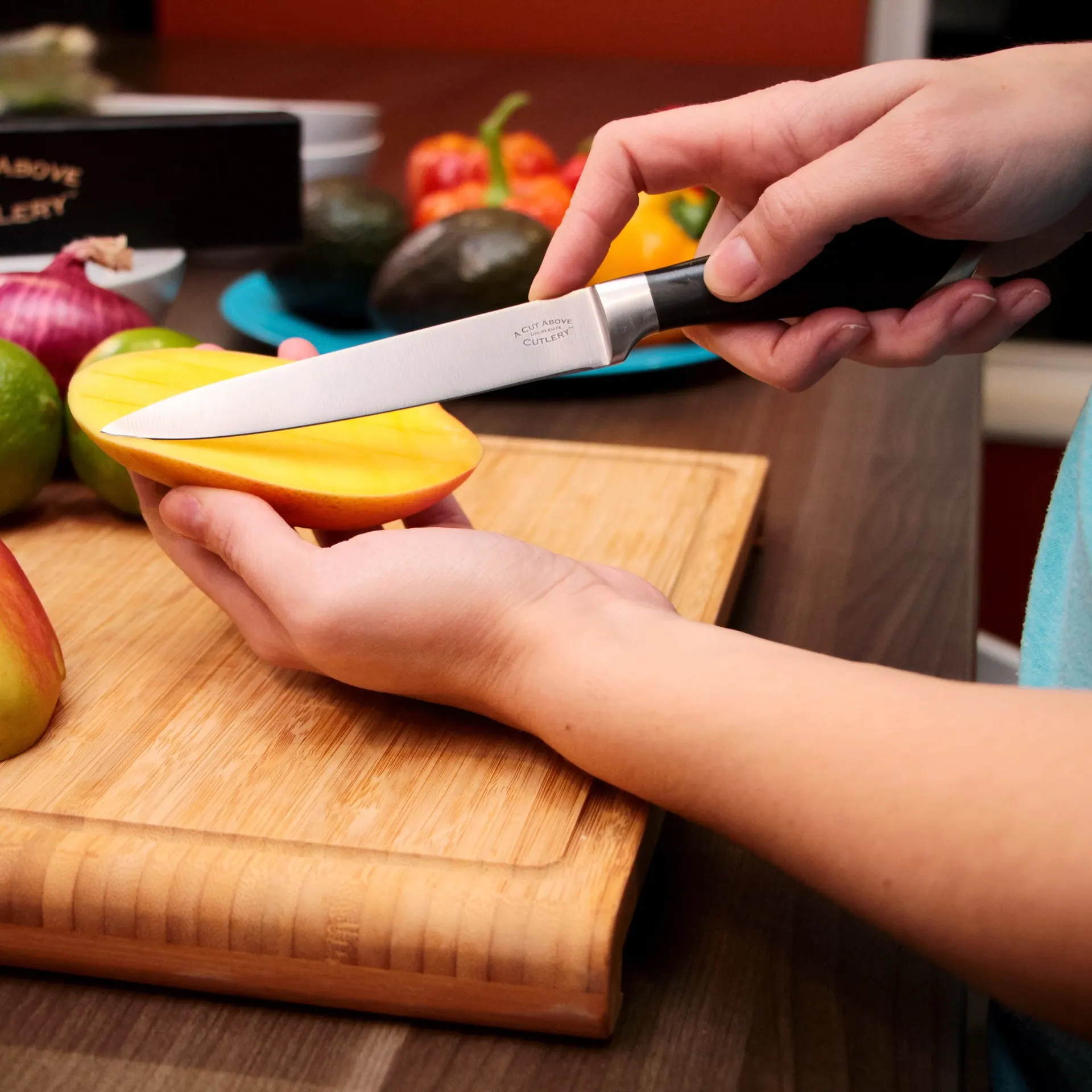 A Cut Above Cutlery Utility Knife. Forged Stainless Steel Construction, Slip Resistant Grip, 5 Inch Blade Holds Edge Well So You Sharpen Less Often. Peel, Core, Pare, Fruit and Vegetables, Prep Sushi